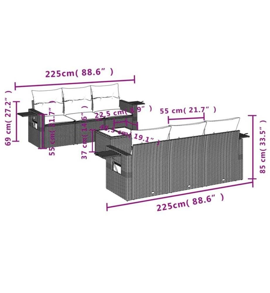 7-tlg. Garten-Sofagarnitur mit Kissen Schwarz Poly Rattan