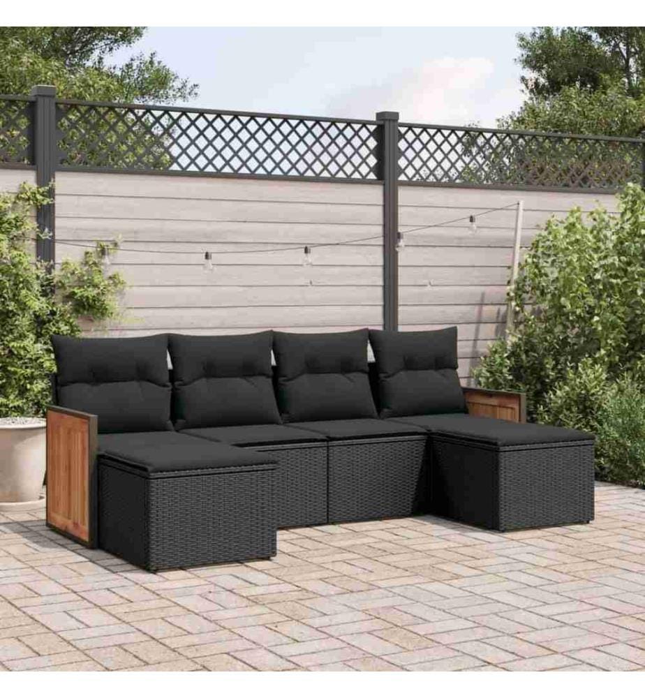 6-tlg. Garten-Sofagarnitur mit Kissen Schwarz Poly Rattan