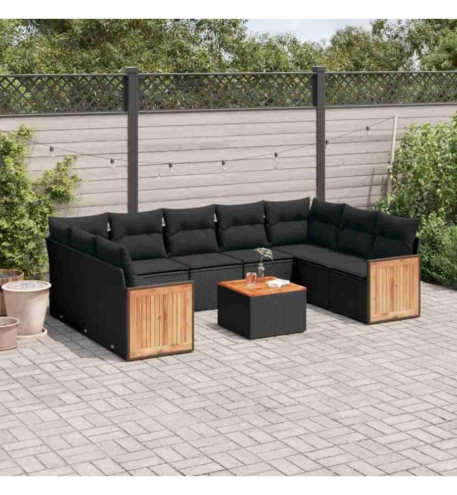 10-tlg. Garten-Sofagarnitur mit Kissen Schwarz Poly Rattan