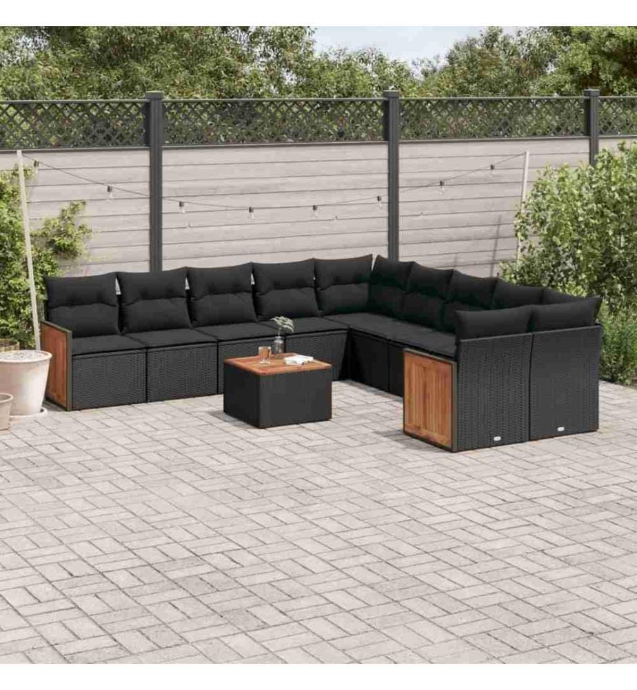 11-tlg. Garten-Sofagarnitur mit Kissen Schwarz Poly Rattan