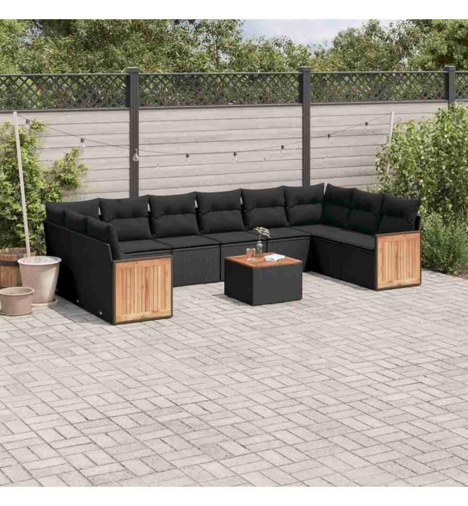 11-tlg. Garten-Sofagarnitur mit Kissen Schwarz Poly Rattan