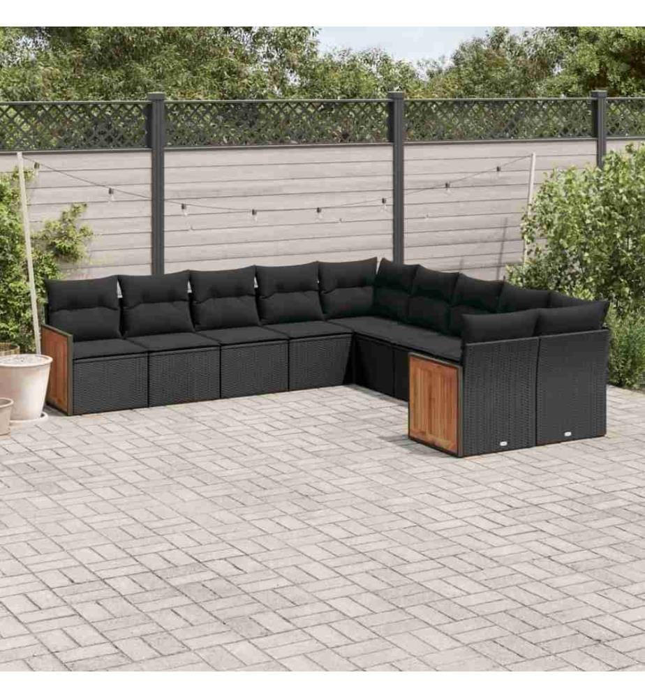 10-tlg. Garten-Sofagarnitur mit Kissen Schwarz Poly Rattan