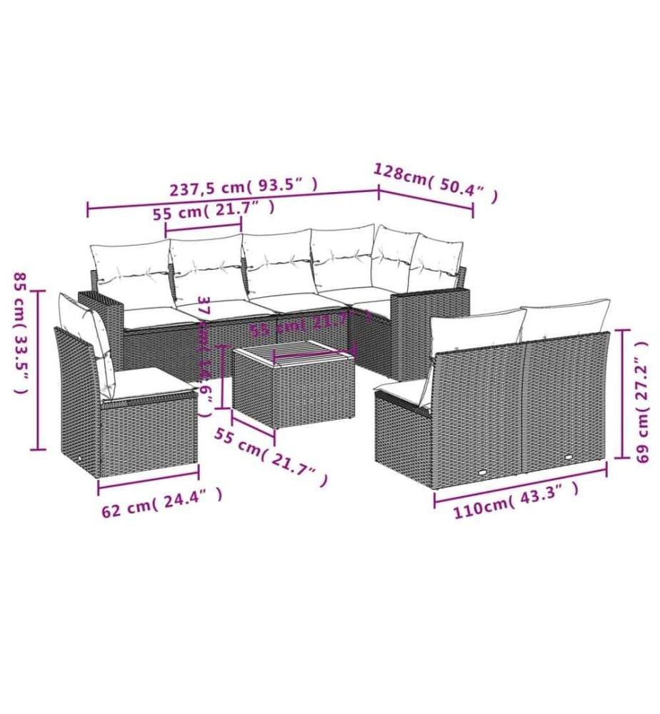 9-tlg. Garten-Sofagarnitur mit Kissen Schwarz Poly Rattan