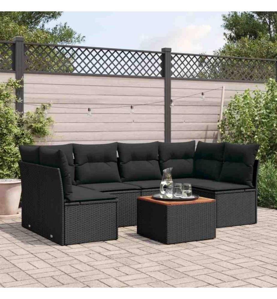 7-tlg. Garten-Sofagarnitur mit Kissen Schwarz Poly Rattan