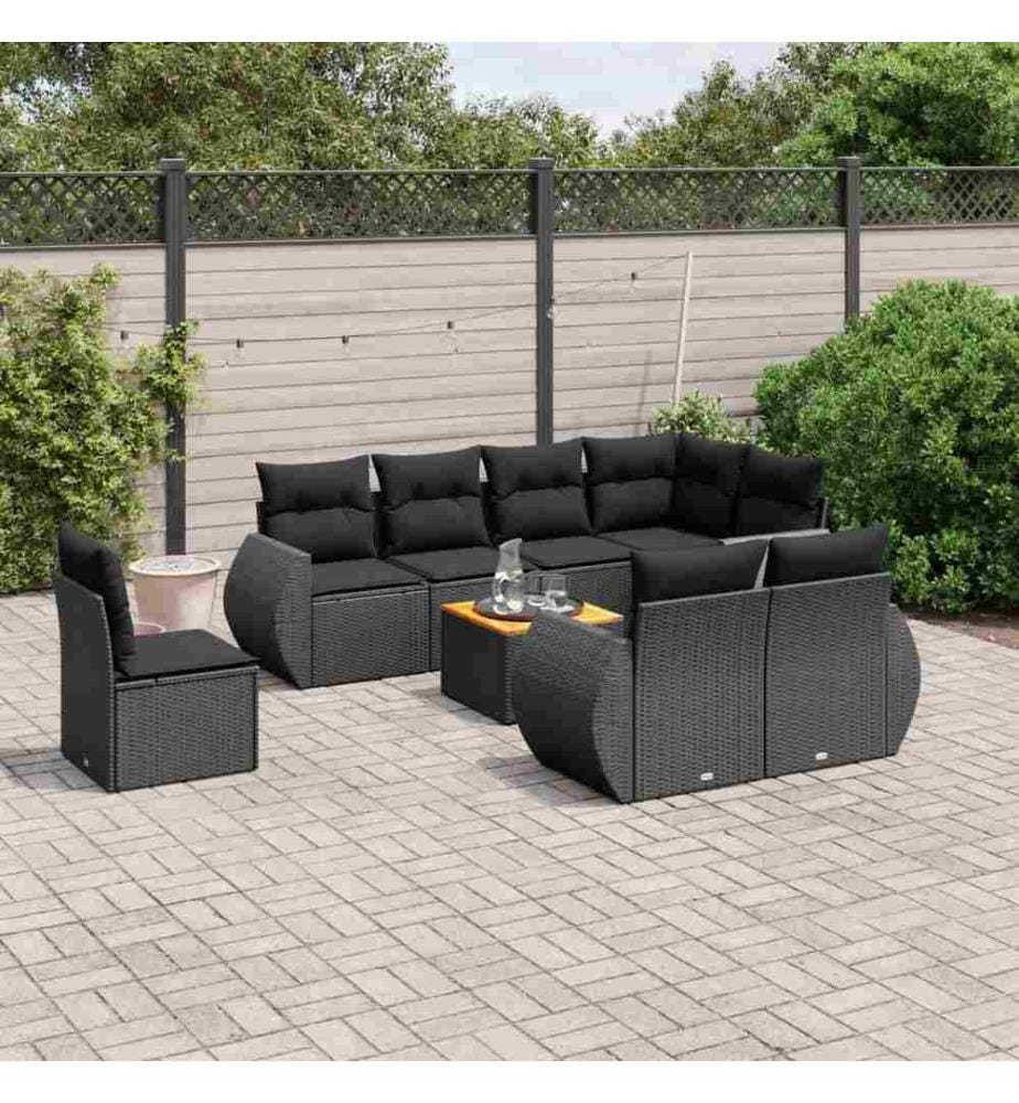 9-tlg. Garten-Sofagarnitur mit Kissen Schwarz Poly Rattan
