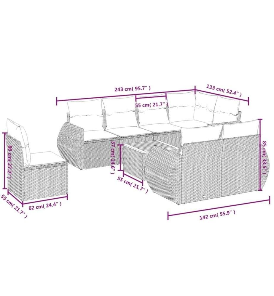 9-tlg. Garten-Sofagarnitur mit Kissen Schwarz Poly Rattan