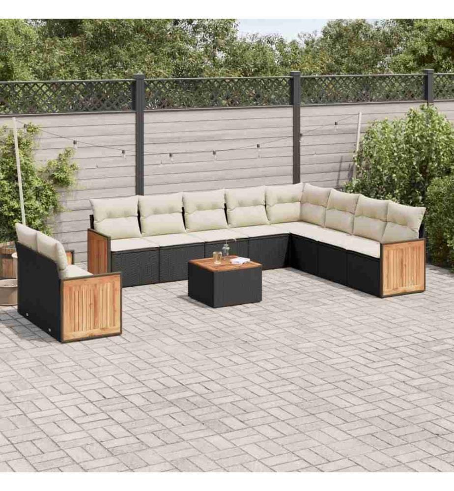 11-tlg. Garten-Sofagarnitur mit Kissen Schwarz Poly Rattan