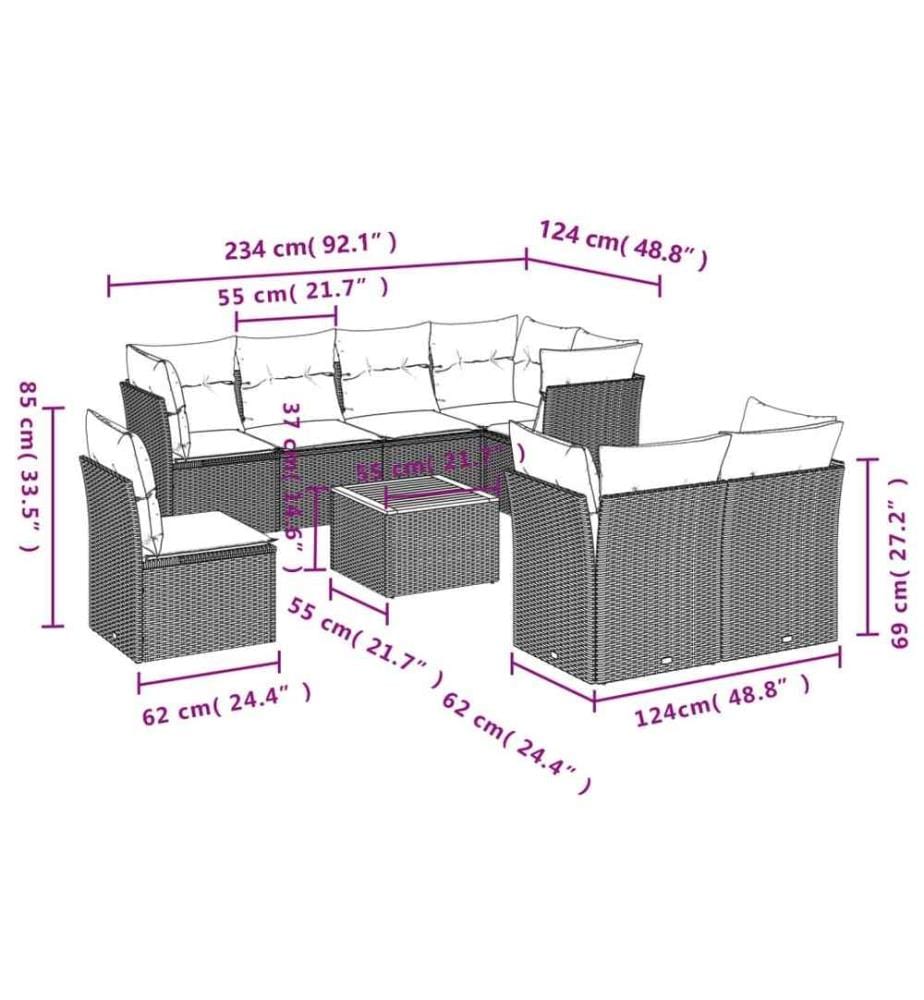 9-tlg. Garten-Sofagarnitur mit Kissen Schwarz Poly Rattan