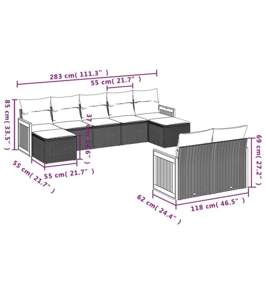 9-tlg. Garten-Sofagarnitur mit Kissen Schwarz Poly Rattan