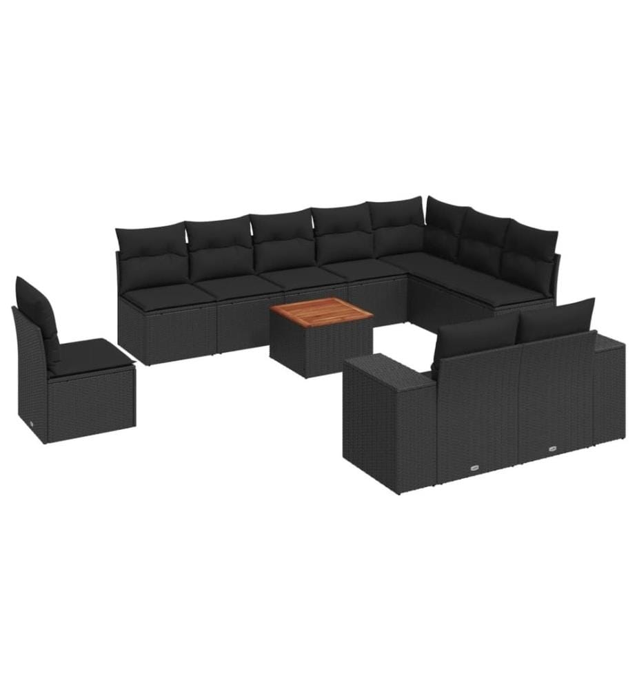 11-tlg. Garten-Sofagarnitur mit Kissen Schwarz Poly Rattan