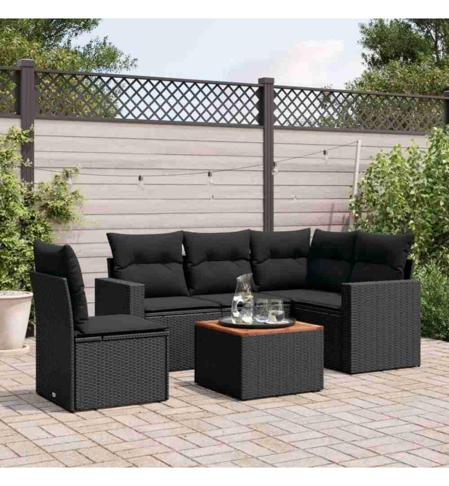 6-tlg. Garten-Sofagarnitur mit Kissen Schwarz Poly Rattan