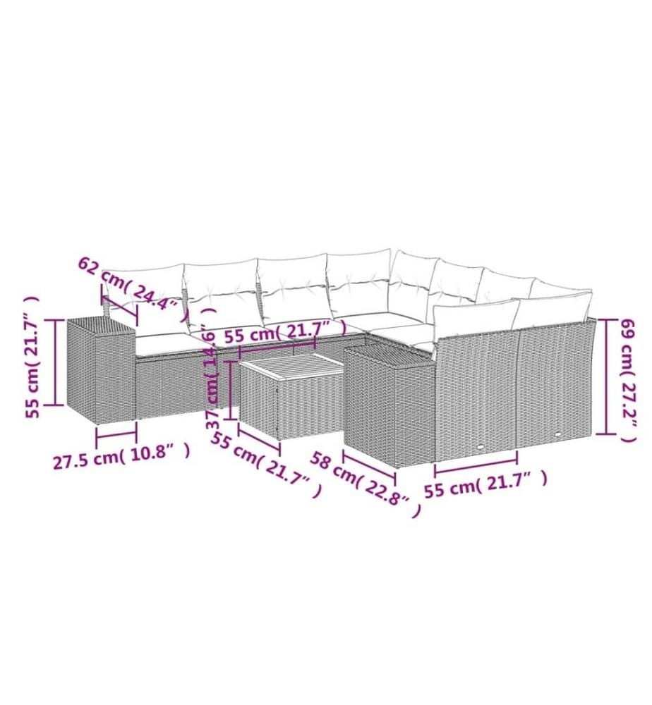 9-tlg. Garten-Sofagarnitur mit Kissen Schwarz Poly Rattan