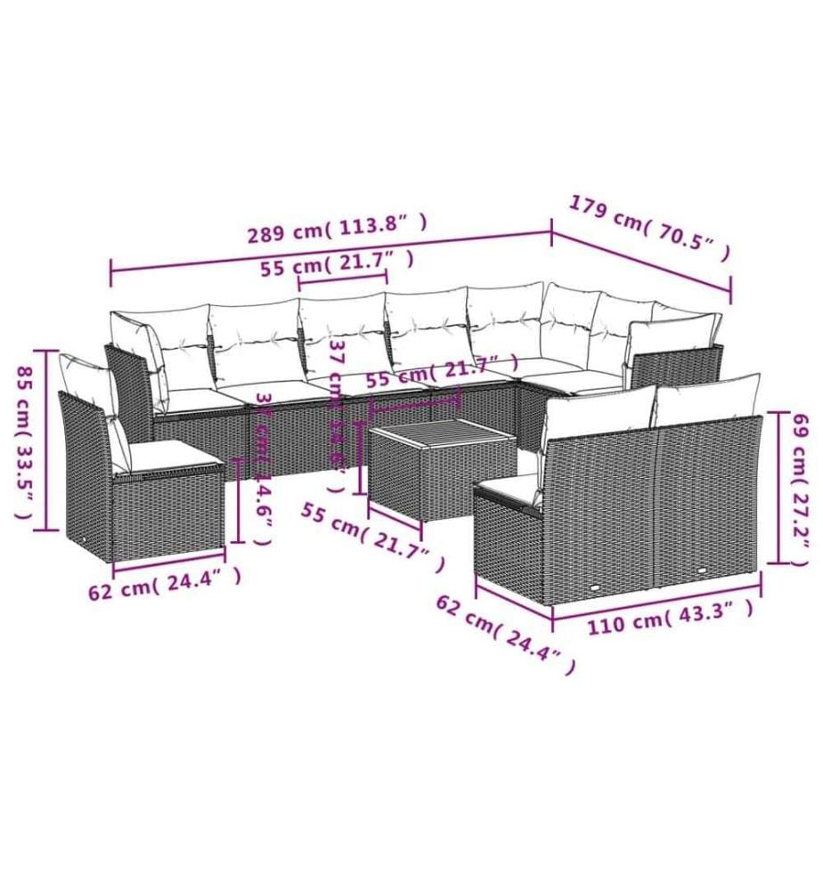 11-tlg. Garten-Sofagarnitur mit Kissen Schwarz Poly Rattan