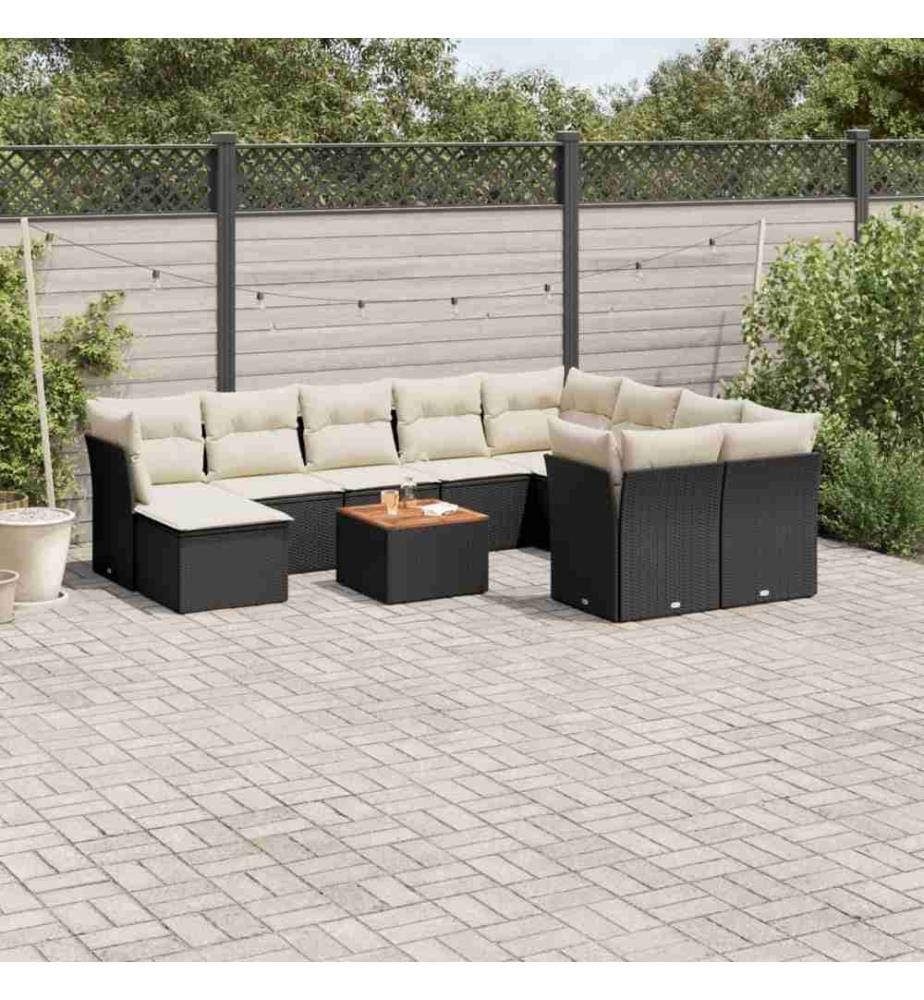 11-tlg. Garten-Sofagarnitur mit Kissen Schwarz Poly Rattan
