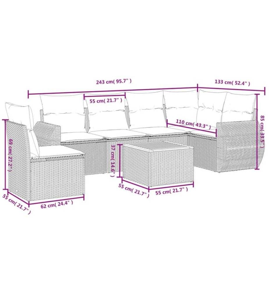 7-tlg. Garten-Sofagarnitur mit Kissen Schwarz Poly Rattan