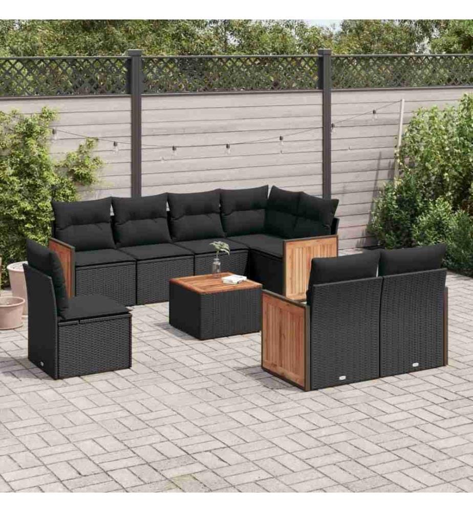 9-tlg. Garten-Sofagarnitur mit Kissen Schwarz Poly Rattan