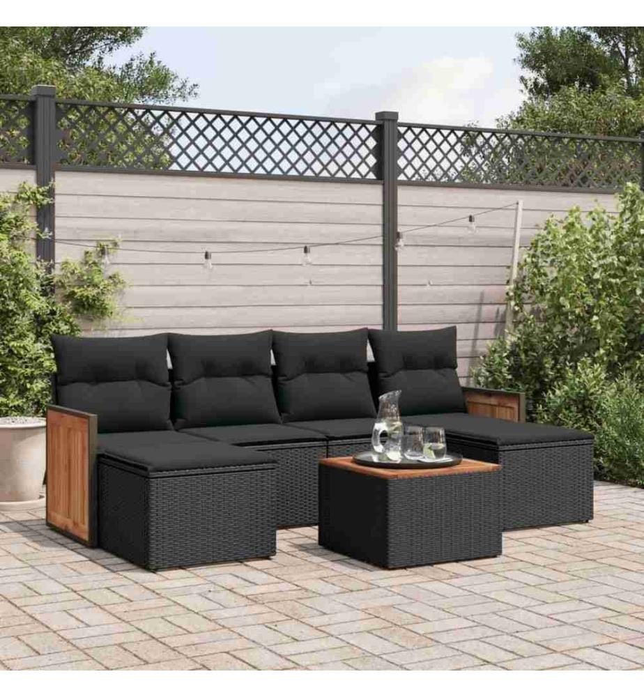 7-tlg. Garten-Sofagarnitur mit Kissen Schwarz Poly Rattan