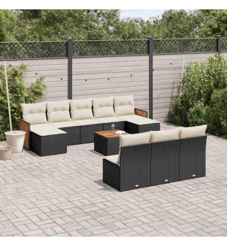 11-tlg. Garten-Sofagarnitur mit Kissen Schwarz Poly Rattan