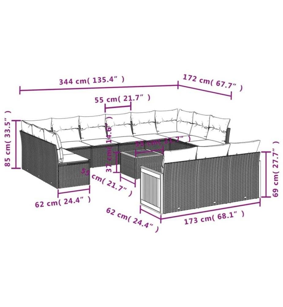 14-tlg. Garten-Sofagarnitur mit Kissen Schwarz Poly Rattan