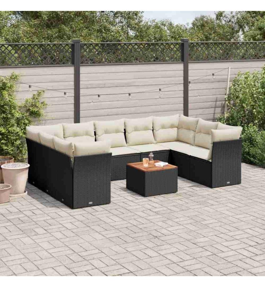 10-tlg. Garten-Sofagarnitur mit Kissen Schwarz Poly Rattan