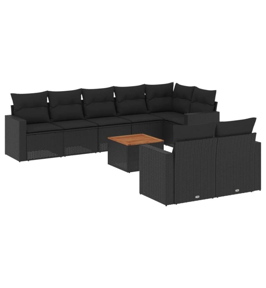 9-tlg. Garten-Sofagarnitur mit Kissen Schwarz Poly Rattan