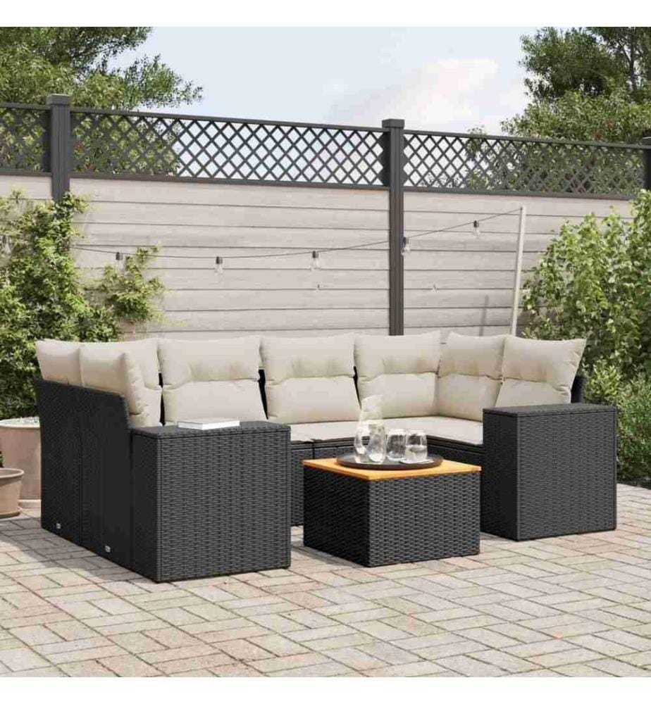 7-tlg. Garten-Sofagarnitur mit Kissen Schwarz Poly Rattan