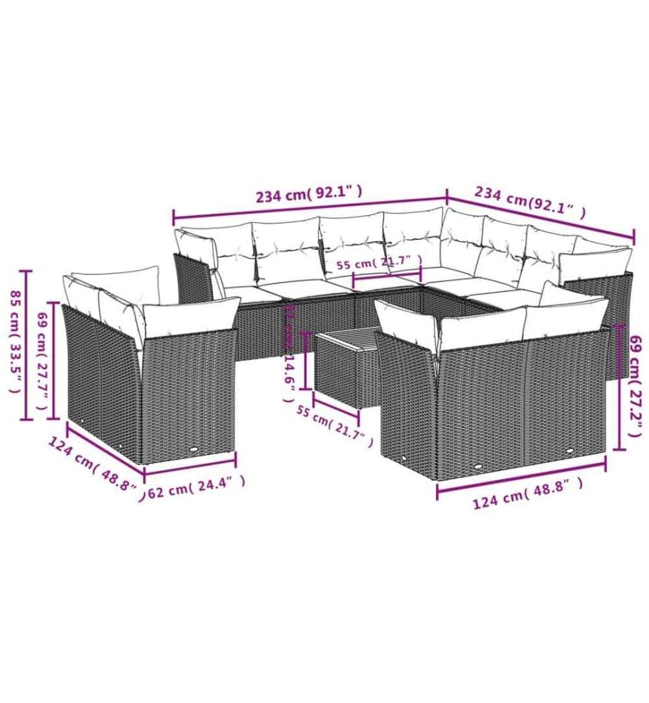 12-tlg. Garten-Sofagarnitur mit Kissen Schwarz Poly Rattan