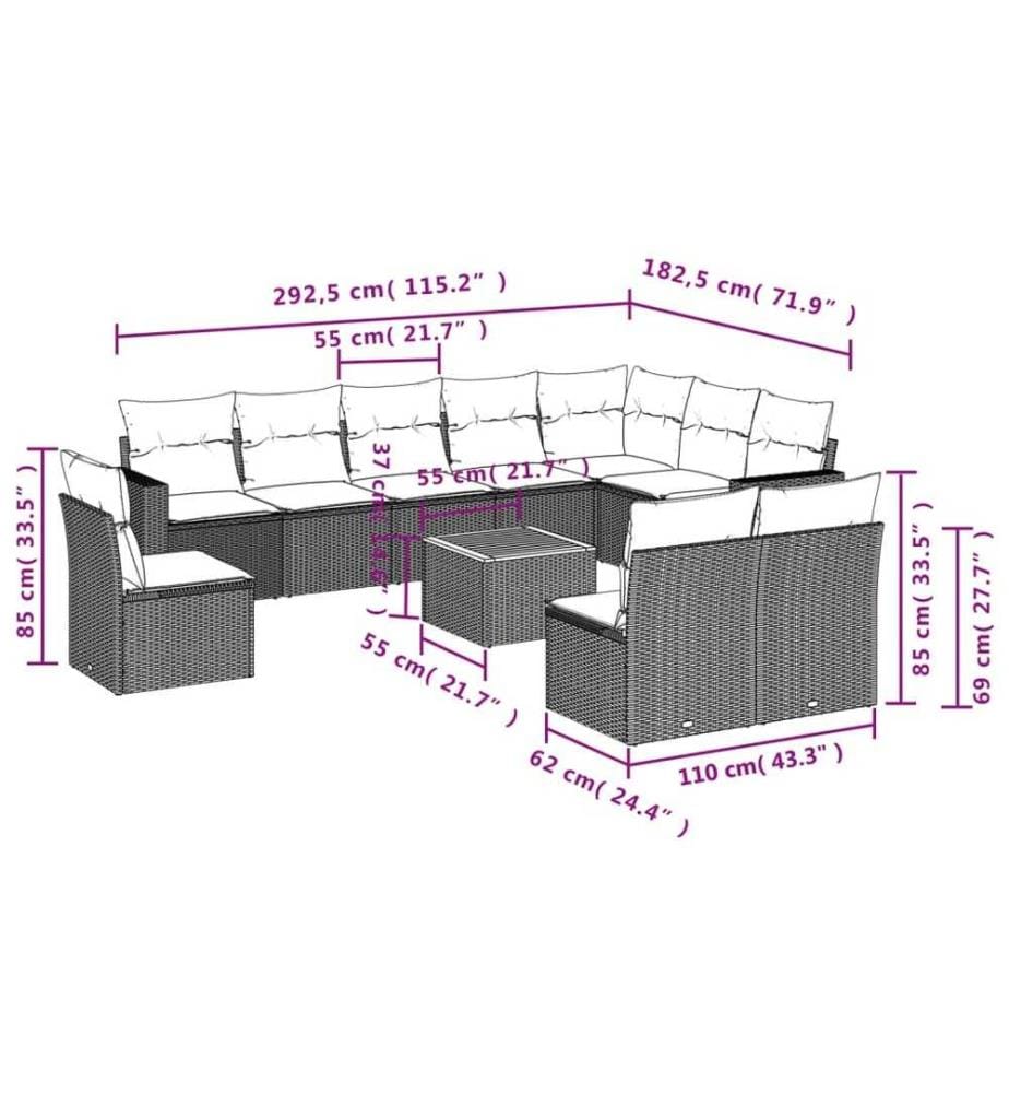 11-tlg. Garten-Sofagarnitur mit Kissen Schwarz Poly Rattan