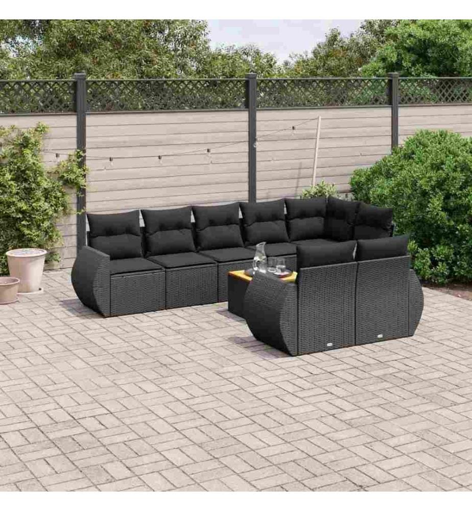 9-tlg. Garten-Sofagarnitur mit Kissen Schwarz Poly Rattan