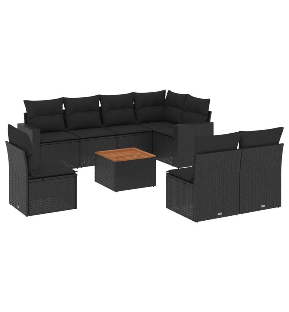 9-tlg. Garten-Sofagarnitur mit Kissen Schwarz Poly Rattan