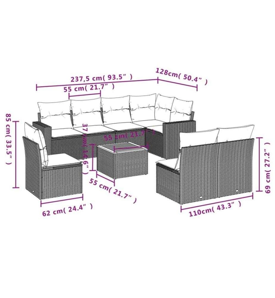 9-tlg. Garten-Sofagarnitur mit Kissen Schwarz Poly Rattan