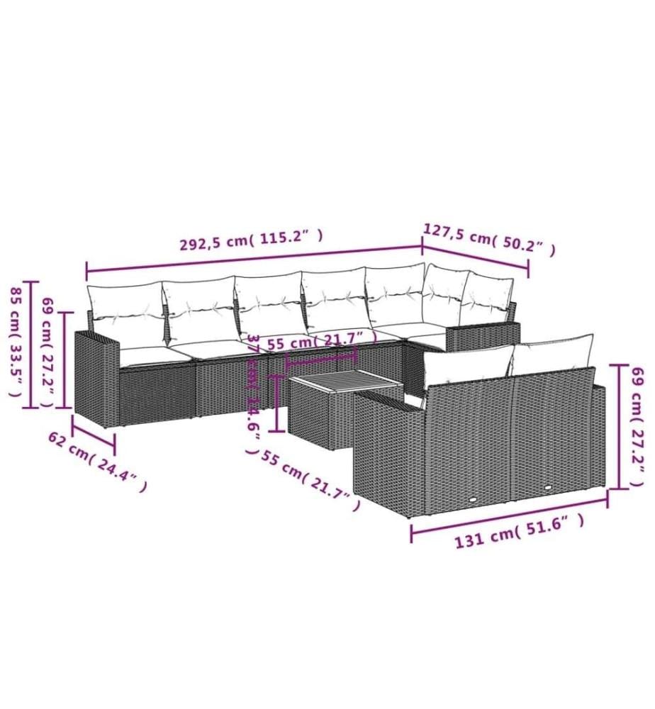 9-tlg. Garten-Sofagarnitur mit Kissen Schwarz Poly Rattan