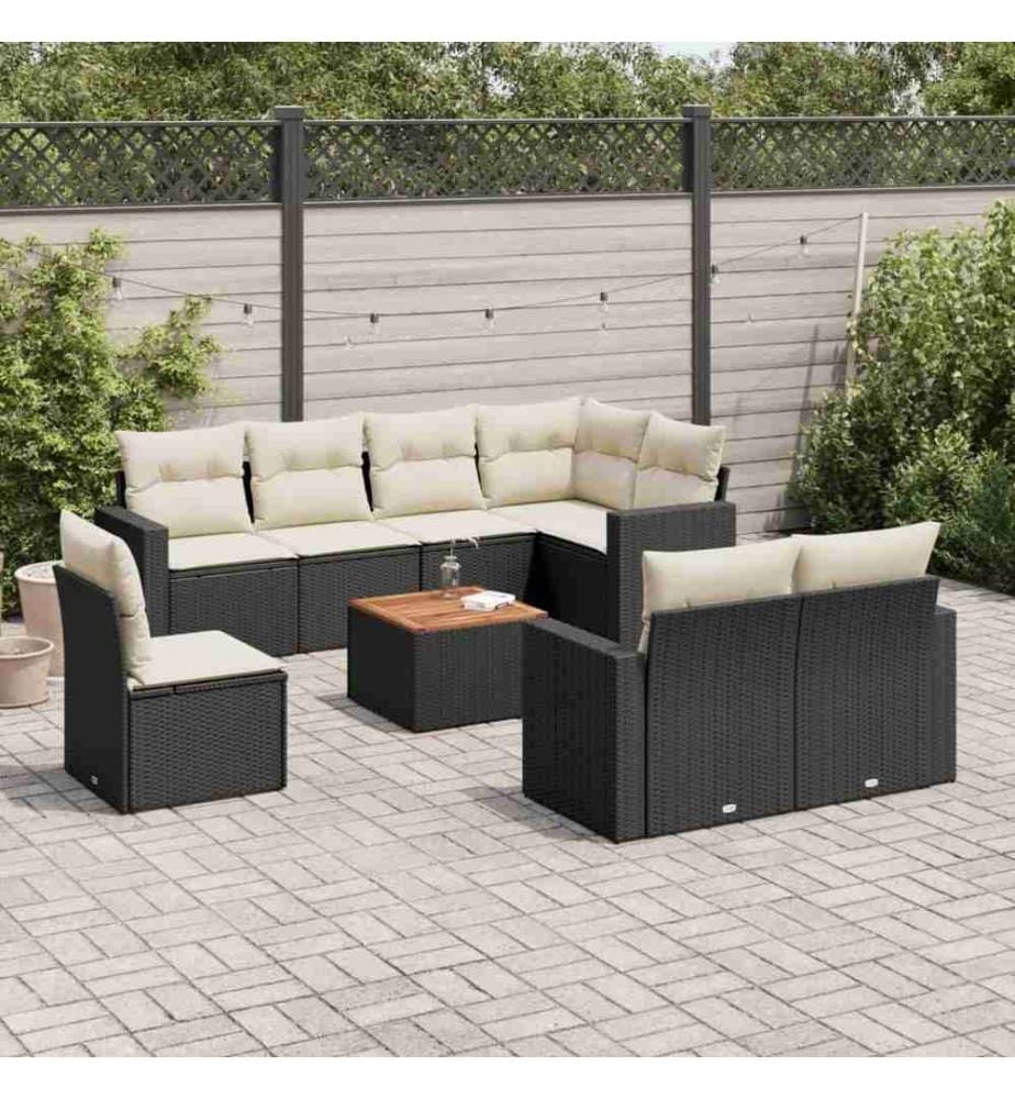 9-tlg. Garten-Sofagarnitur mit Kissen Schwarz Poly Rattan