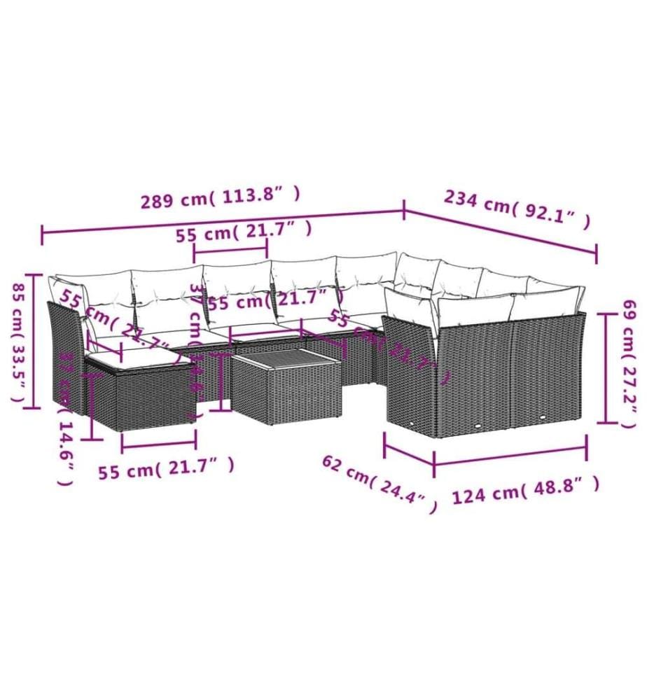 11-tlg. Garten-Sofagarnitur mit Kissen Schwarz Poly Rattan