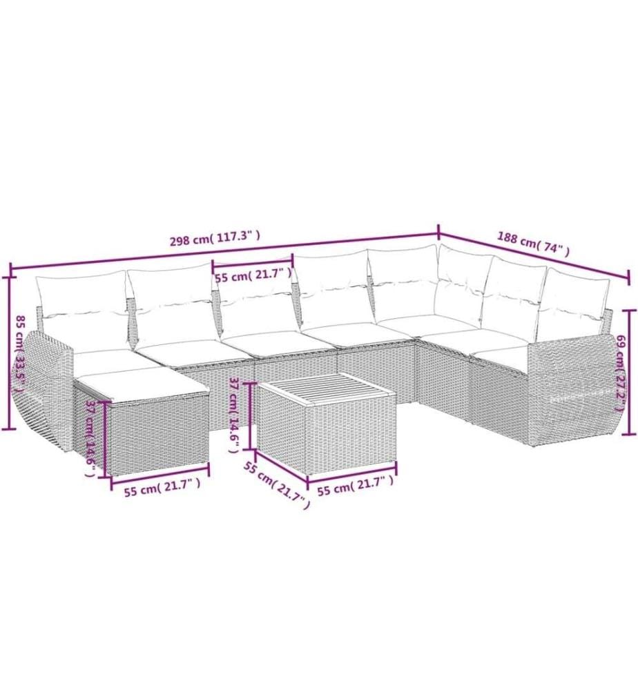 9-tlg. Garten-Sofagarnitur mit Kissen Schwarz Poly Rattan