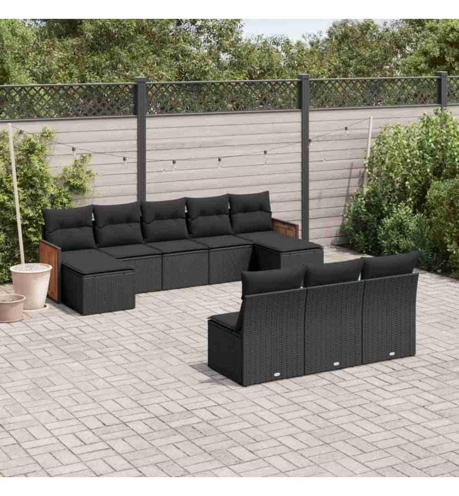 10-tlg. Garten-Sofagarnitur mit Kissen Schwarz Poly Rattan