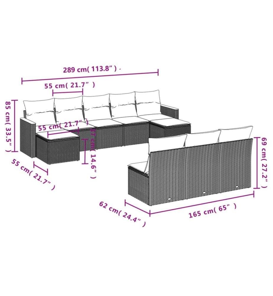10-tlg. Garten-Sofagarnitur mit Kissen Schwarz Poly Rattan