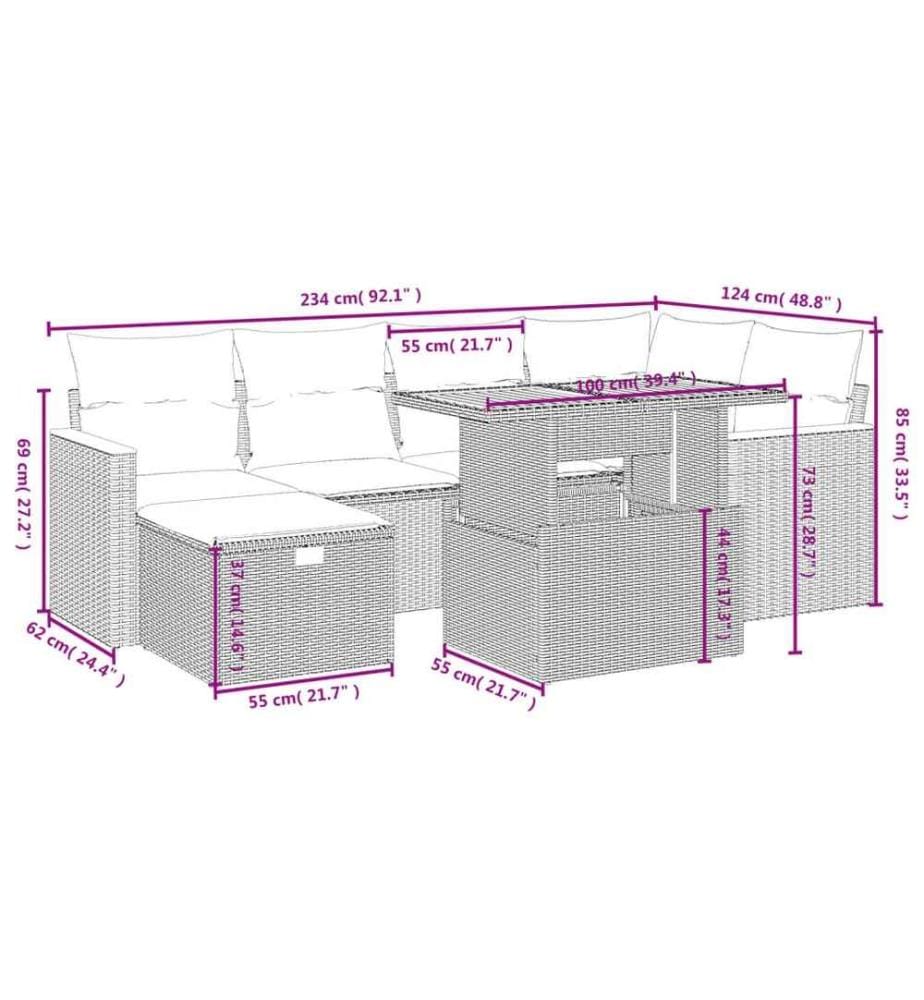 7-tlg. Garten-Sofagarnitur mit Kissen Schwarz Poly Rattan