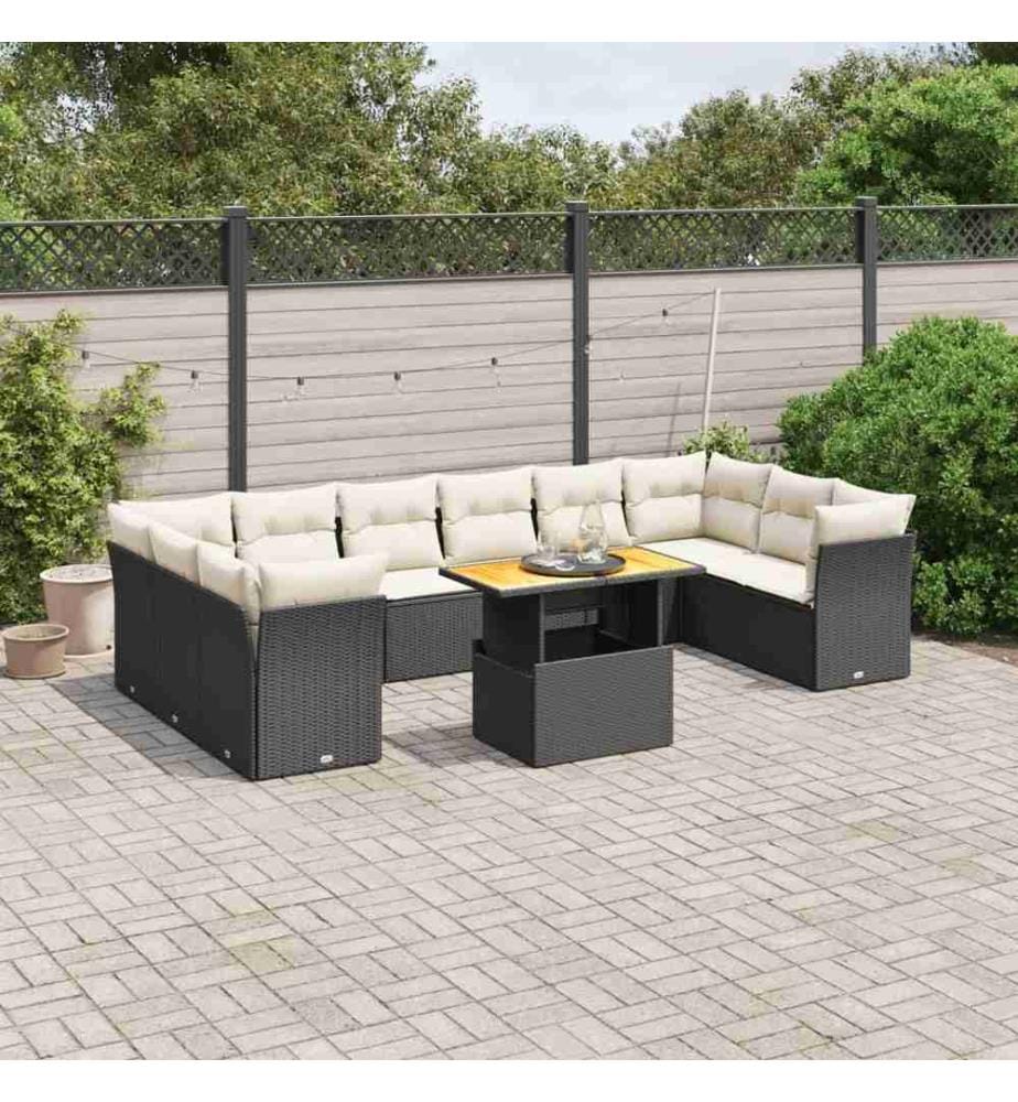 11-tlg. Garten-Sofagarnitur mit Kissen Schwarz Poly Rattan