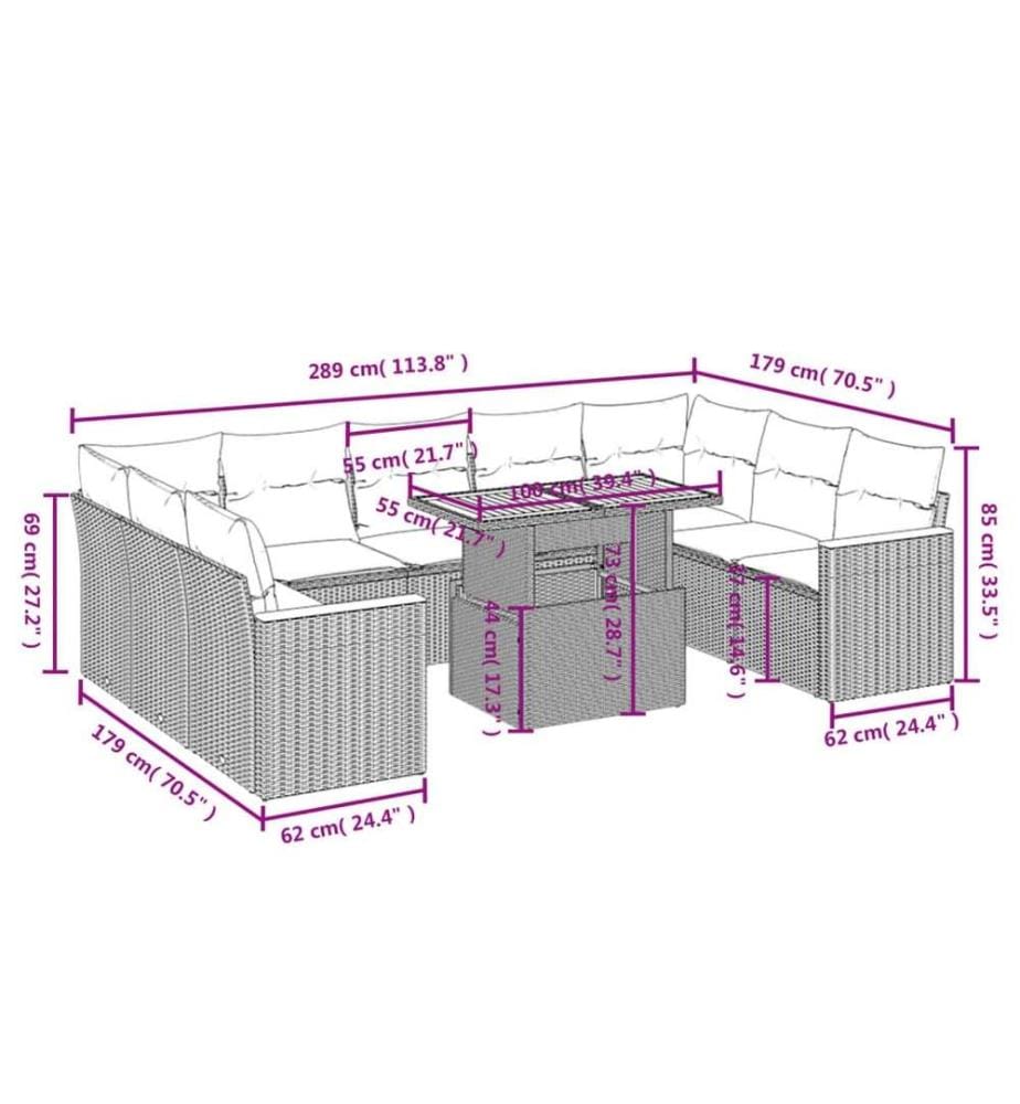 10-tlg. Garten-Sofagarnitur mit Kissen Schwarz Poly Rattan