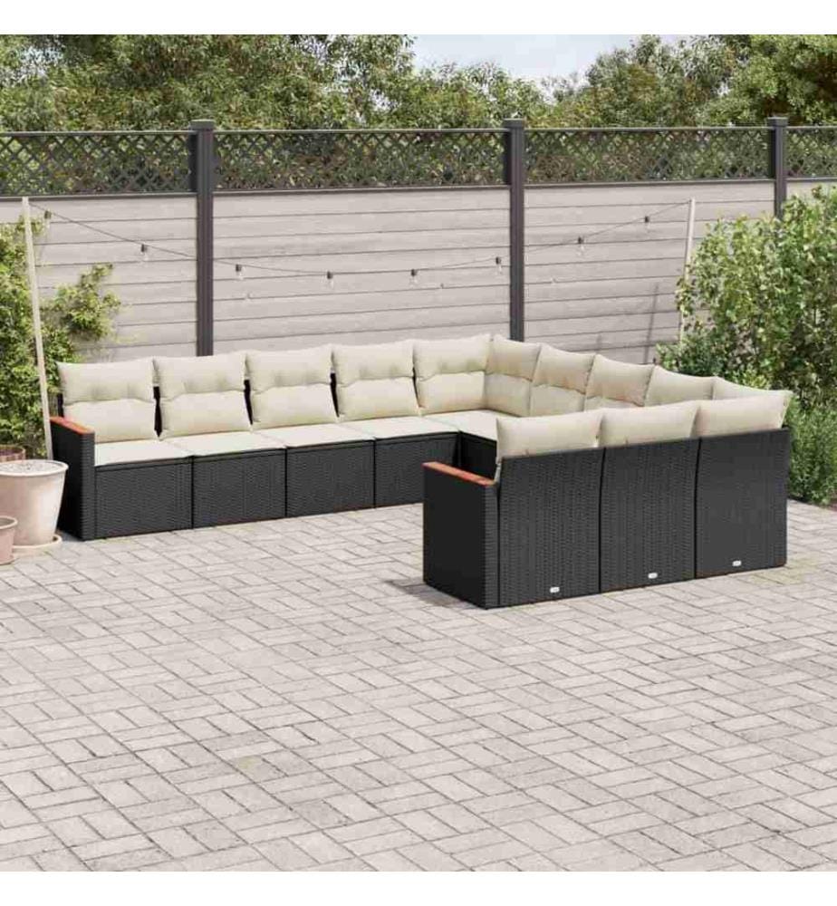 11-tlg. Garten-Sofagarnitur mit Kissen Schwarz Poly Rattan