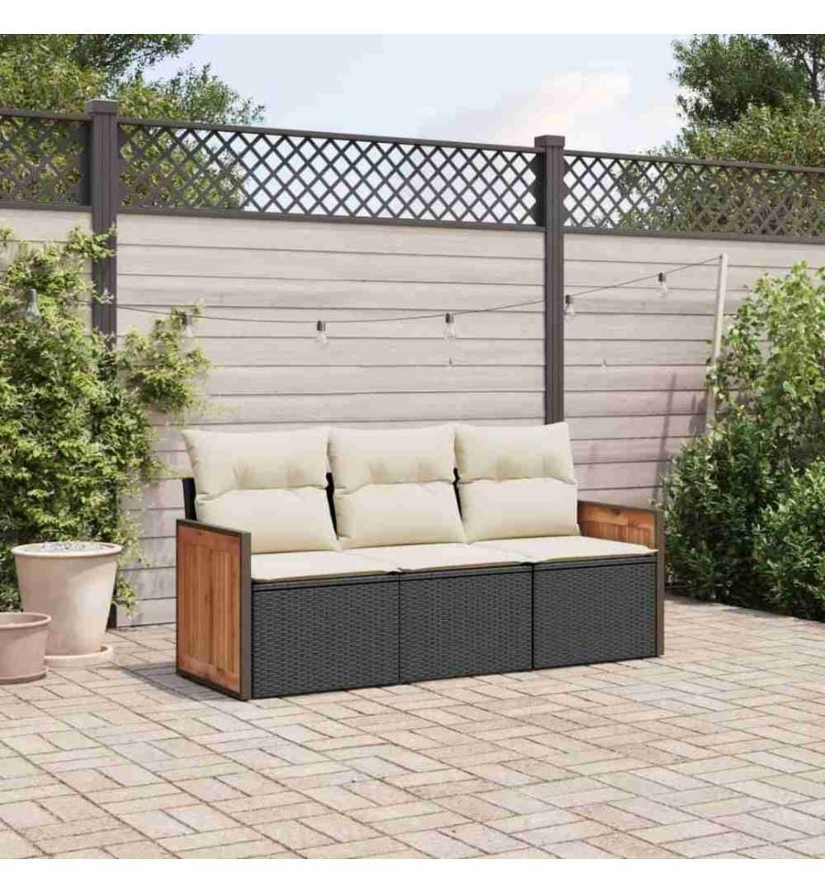 3-tlg. Garten-Sofagarnitur mit Kissen Schwarz Poly Rattan