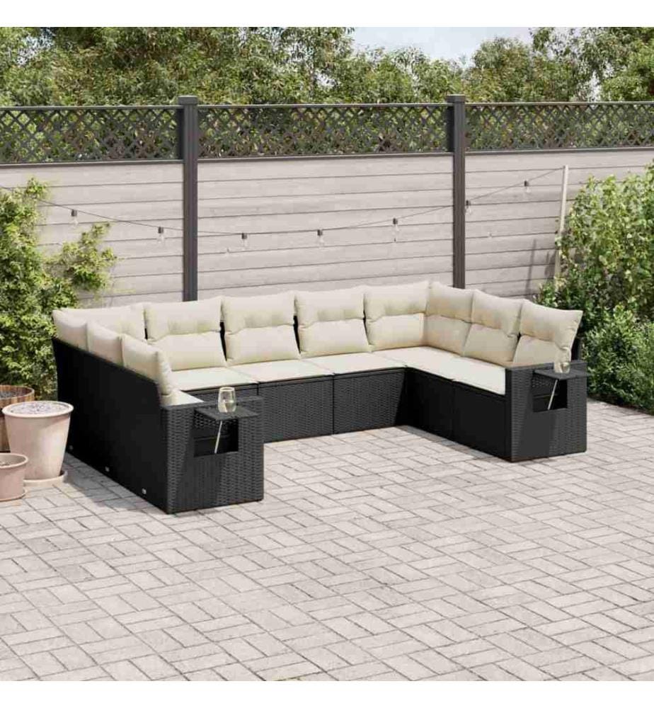 9-tlg. Garten-Sofagarnitur mit Kissen Schwarz Poly Rattan