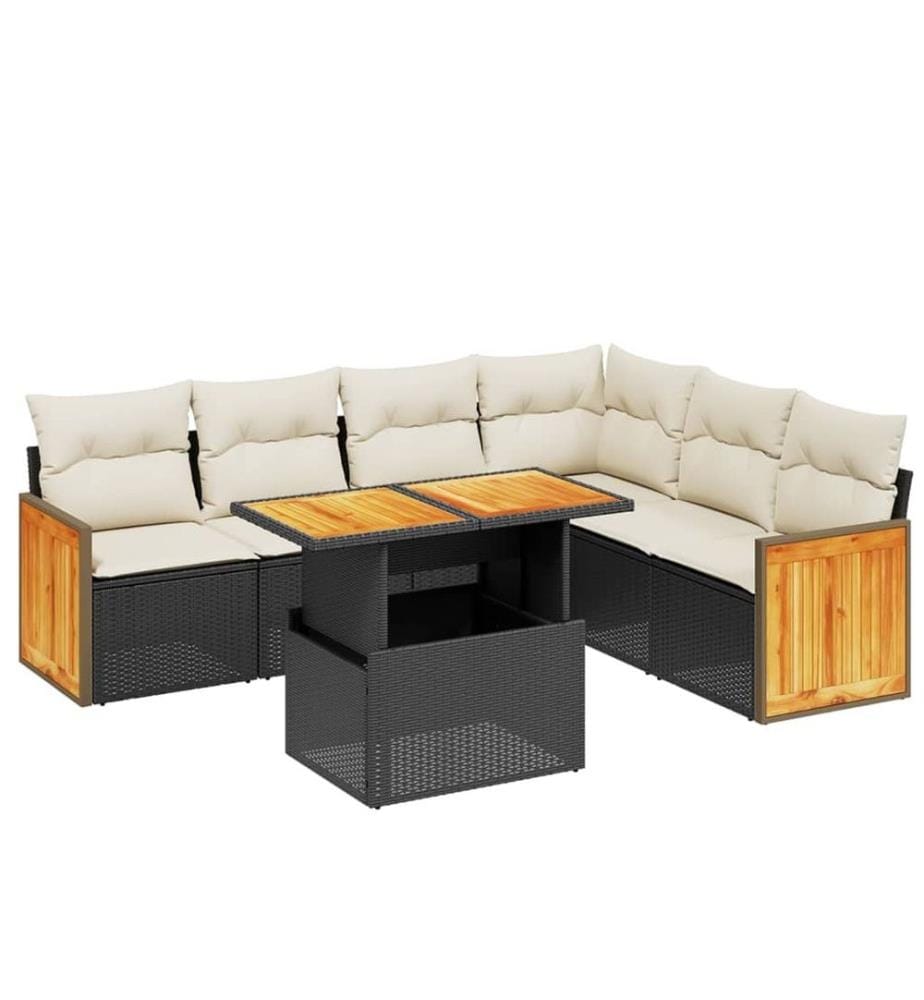 7-tlg. Garten-Sofagarnitur mit Kissen Schwarz Poly Rattan