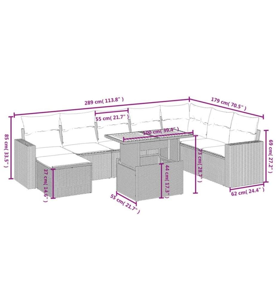 9-tlg. Garten-Sofagarnitur mit Kissen Schwarz Poly Rattan