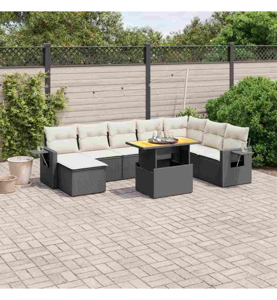 9-tlg. Garten-Sofagarnitur mit Kissen Schwarz Poly Rattan