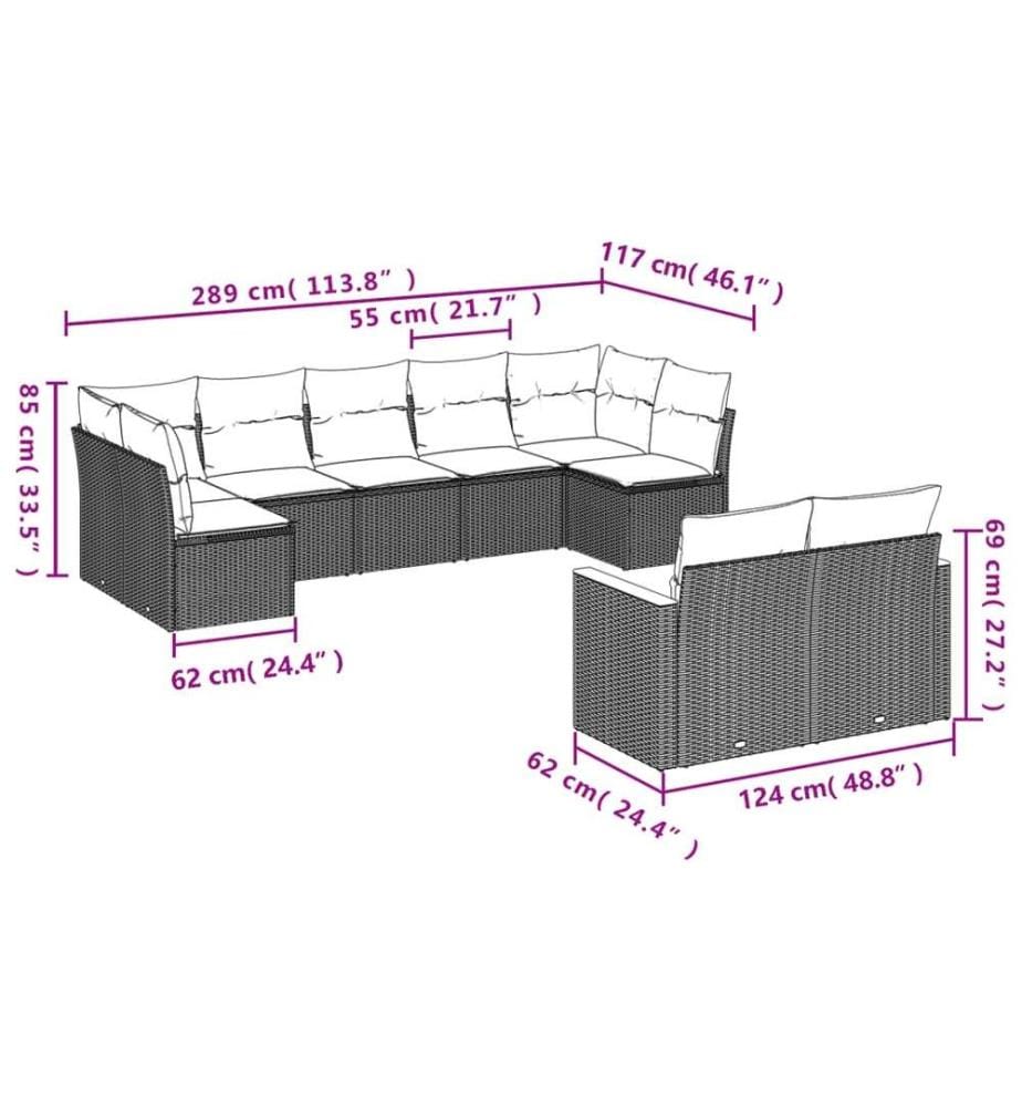 9-tlg. Garten-Sofagarnitur mit Kissen Schwarz Poly Rattan