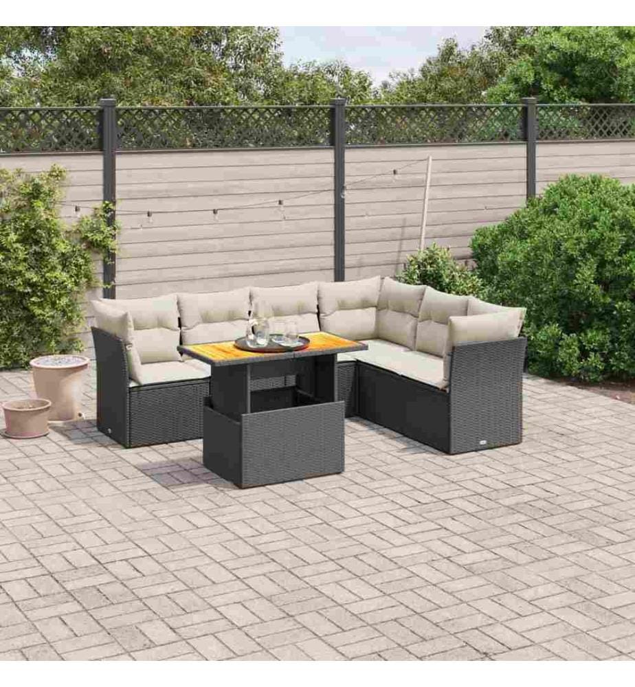 7-tlg. Garten-Sofagarnitur mit Kissen Schwarz Poly Rattan