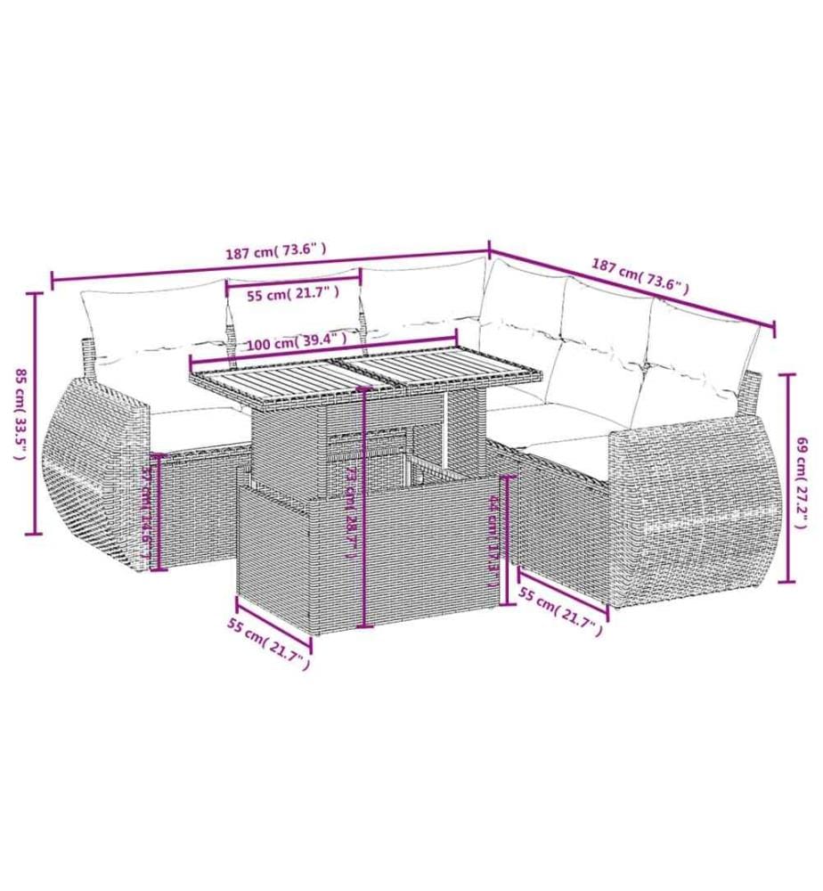 6-tlg. Garten-Sofagarnitur mit Kissen Schwarz Poly Rattan