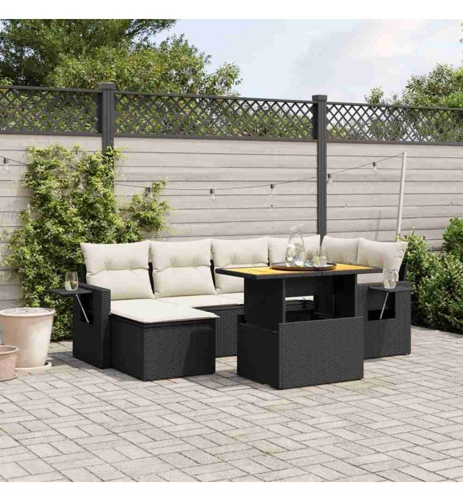7-tlg. Garten-Sofagarnitur mit Kissen Schwarz Poly Rattan